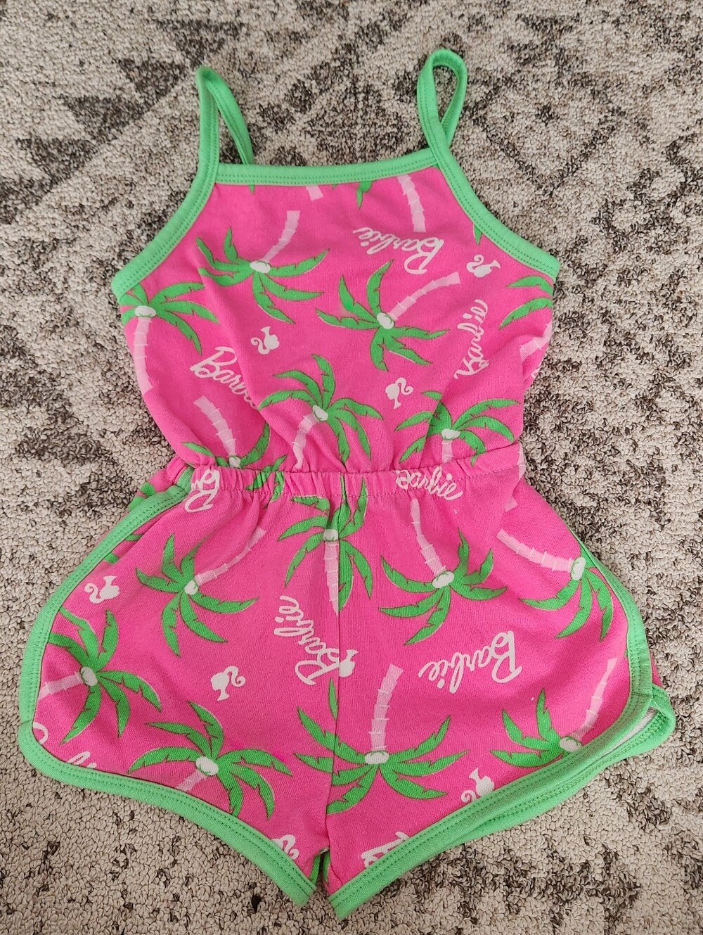 Barbie Hot Pink Romper with Green Palm Print 5t